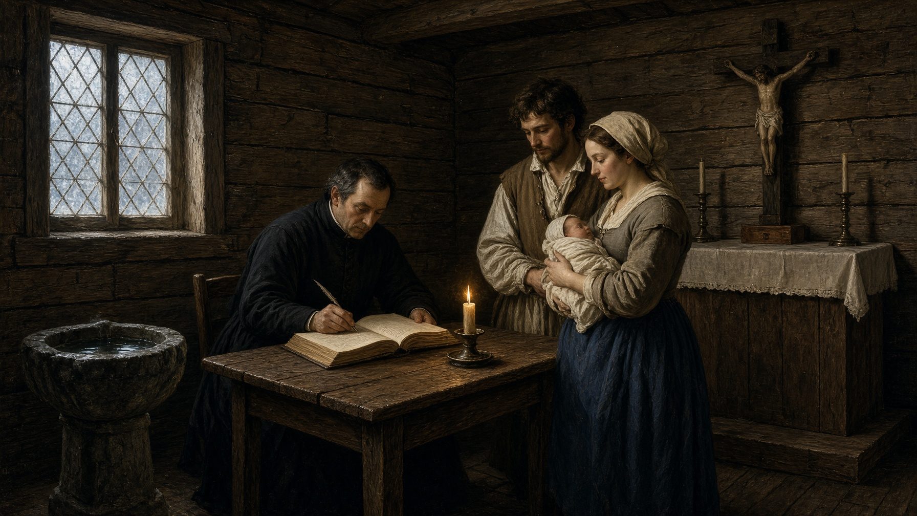 Baptême dans une église de bois, Nouvelle-France